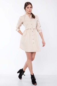 Beżowa Krótka Szmizjerka Zapinana na Napy. Brązowe sukienki SALE, xl, bez wzorów, z materiału, wizytowe, bez kołnierzyka, bez ramiączek, mini, szmizjerki. Za 169,90 zł.