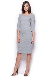 Midi Sukienka z Rękawem 3/4- Szara. Szare sukienki Figl, l, bez wzorów, z bawełny, bez kołnierzyka, bez ramiączek, midi. Za 239,00 zł.