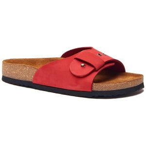 Comfortfusse Skórzane klapki w kolorze czerwonym rozmiar: 40. Czerwone klapki Comfortfüße, bez wzorów, z nubiku, z otwartym noskiem, bez obcasa. Za 230,99 zł.