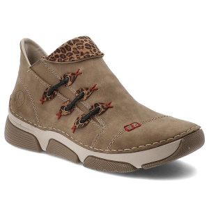 Botki damskie Rieker, antistress na płaskiej podeszwie w panterkę zapinane na suwak i ocieplane, beżowe, 45983-64. Brązowe botki Rieker, bez wzorów, z syntetyku, bez obcasa, na płaskiej podeszwie, bez zapięcia. Za 279,00 zł.