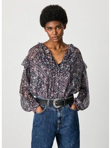 Pepe Jeans Bluzka "Lexy" w kolorze fioletowym ze wzorem rozmiar: S. Różowe bluzki Pepe Jeans, s, bez wzorów, z jeansu, bez kołnierzyka, bez ramiączek. Za 109,78 zł.