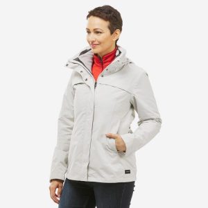 Kurtka turystyczna damska zimowa Quechua NH100 3w1 0°C wodoodporna. Szare kurtki FORCLAZ, na zimę, m, bez wzorów, z polaru, bez kaptura. Za 329,99 zł.