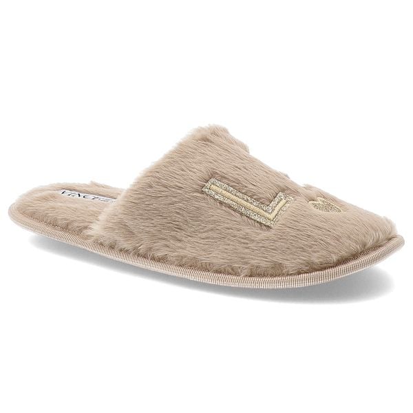 Kapcie damskie Vinceza, pantofle ocieplane z futerka z ozdobami, beżowe, 19958-BE. Brązowe kapcie VINCEZA, bez wzorów. Za 49,99 zł.