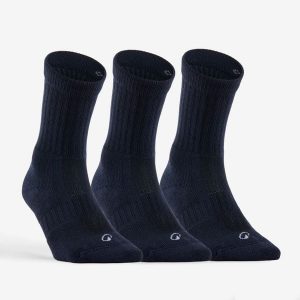 Skarpety sportowe Tenis RS500 wysokie 3 pary. Niebieskie skarpetki DECATHLON, bez wzorów, z bawełny. Za 39,99 zł.