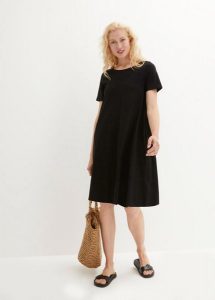 Sukienka shirtowa z przędzy mieszankowej, z kieszeniami, w dł. do kolan. Czarne sukienki bonprix, bez wzorów, bez kołnierzyka, bez ramiączek, midi. Za 79,99 zł.