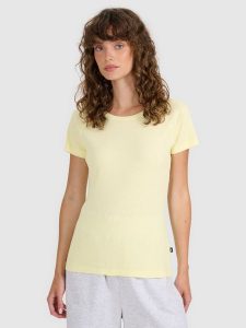 4F T-shirt regular z prążkowanej dzianiny damski - żółty XS. Żółte t-shirty 4f, xs, bez wzorów, z bawełny, bez kołnierzyka, bez ramiączek. Za 49,99 zł.