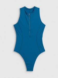 4F Kostium kąpielowy jednoczęściowy damski - turkusowy S. Niebieskie szorty 4f, bez wzorów, z dresówki, sportowe. Za 159,99 zł.