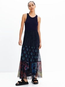 Desigual Sukienka codzienna Dudas 23SWVK90 Granatowy Regular Fit. Niebieskie sukienki Desigual, na co dzień, m, bez wzorów, z bawełny, bez kołnierzyka, bez ramiączek, proste. Za 539,99 zł.