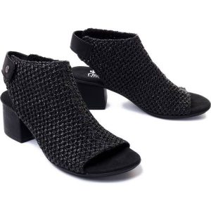 RIEKER 64670-00 black, sandały damskie. Czarne sandały Rieker, bez wzorów, bez obcasa, na obcasie, bez zapięcia. Za 255,92 zł.