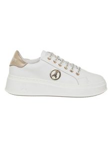 Patrizia Pepe Skórzane sneakersy w kolorze złoto-białym rozmiar: 37. Białe trampki Patrizia Pepe, bez wzorów, bez zapięcia. Za 346,99 zł.