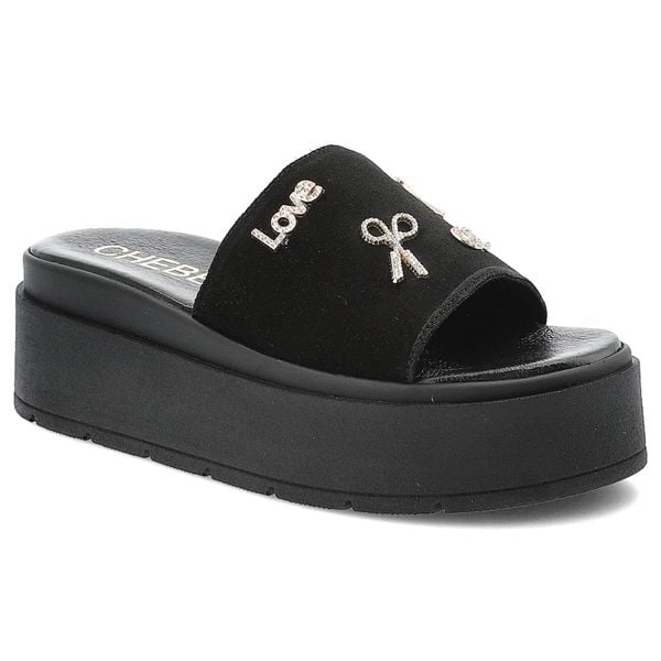 Klapki damskie Chebello, na wysokiej platformie skórzane z ozdobami, czarne, 4600-034. Czarne klapki CheBello, z aplikacjami, bez obcasa, na platformie. Za 413,90 zł.