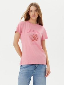 Guess T-Shirt E5GI03 K8G01 Różowy Regular Fit. Czerwone t-shirty Guess, m, z aplikacjami, z bawełny, bez kołnierzyka, bez ramiączek. Za 109,99 zł.