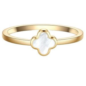 Glanzstücke München Pierscionek koniczyna ze stali nierdzewnej w zlocie z masa perlowa Pierścionki 1 ct Damski. Białe pierścionki Glanzstücke München, z perłą, pozłacane. Za 149,99 zł.