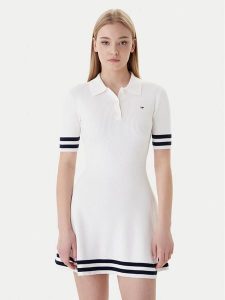 Tommy Jeans Sukienka dzianinowa DW0DW22106 Écru Slim Fit. Kombinezony Tommy Jeans, s, bez wzorów, z bawełny, bez kołnierzyka, bez ramiączek. Za 489,99 zł.