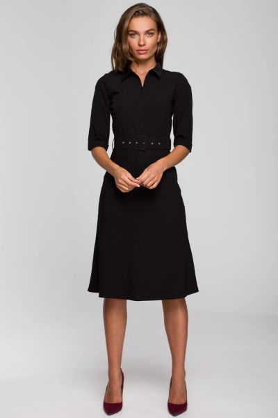 Elegancka sukienka koszulowa z kołnierzykiem paskiem czarna. Czarne sukienki Stylove, do pracy, s, bez wzorów, biznesowe, bez kołnierzyka, bez ramiączek, koszulowe. Za 329,00 zł.