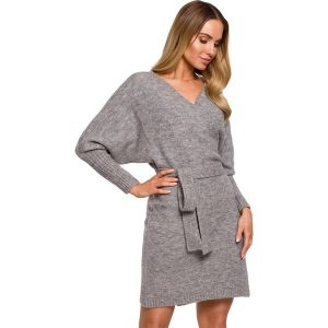 Swetrowa Mini Sukienka z Kopertowym Dekoltem - Szara. Szare sukienki MOE, l, bez wzorów, z dzianiny, bez kołnierzyka, bez ramiączek, mini, kopertowe. Za 318,90 zł.