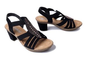 RIEKER 66526-00 black, sandały damskie. Czarne sandały Rieker, bez wzorów, bez obcasa, na obcasie, bez zapięcia. Za 255,92 zł.