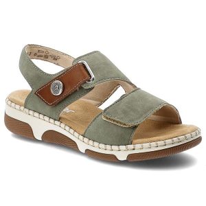 Sandały damskie Rieker, cholewka ze skóry ekologicznej zapinane na rzep z materiałowym wnętrzem, zielone, 66280-52. Zielone sandały Rieker, bez wzorów, z materiału, bez obcasa, bez zapięcia. Za 319,00 zł.