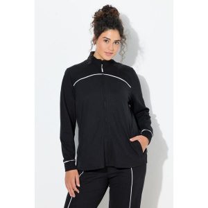 Damskie Bluza rozpinana wstawki prążkowane stójka długi rękaw. Czarne bluzy Ulla Popken, plus size, bez wzorów, z bawełny, bez kaptura. W wyprzedaży za 191,99 zł.