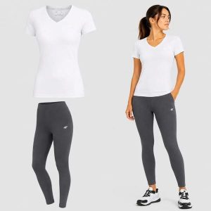 KOMPLET DAMSKI 4F T-SHIRT + LEGGINSY ZESTAW SPORTOWY NA CO DZIEŃ L SS26. Szare legginsy 4f, bez wzorów, z bawełny. Za 119,98 zł.