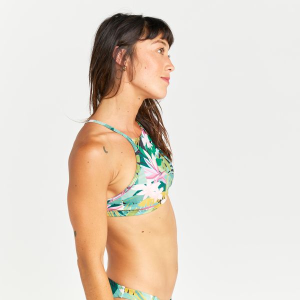 Góra kostiumu kąpielowego surfingowego damska Olaian Andrea Tropical. Zielone bikini OLAIAN, bez wzorów, z elastanu. W wyprzedaży za 29,99 zł.