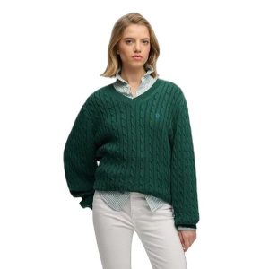 Damski oversize sweter z dekoltem w kształcie V Superdry. Zielone swetry klasyczne Superdry, na zimę, bez wzorów, bez ramiączek. Za 288,40 zł.