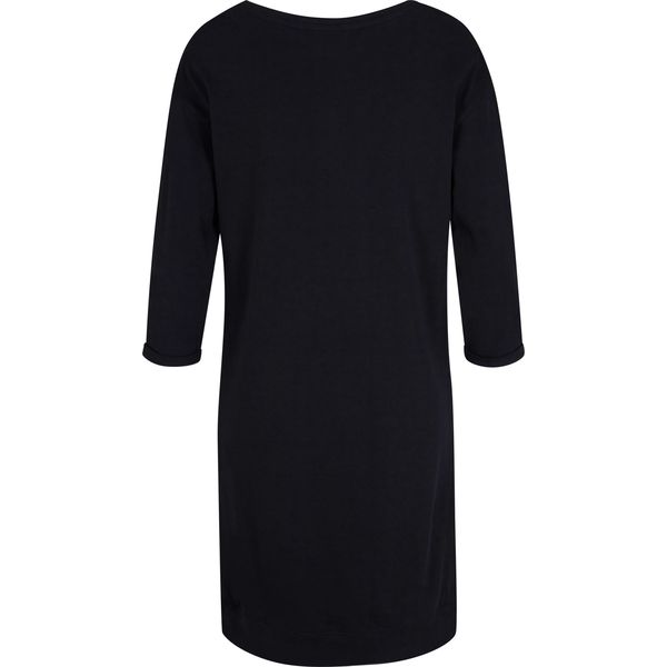 Sukienka dresowa, rękawy 3/4, szczotkowana w środku. Czarne sukienki bonprix, bez wzorów, z dresówki, bez kołnierzyka, bez ramiączek. Za 94,99 zł.