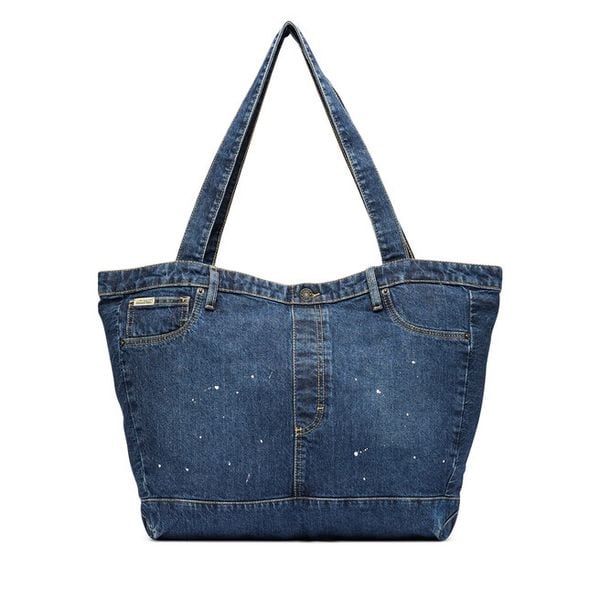 Torebka Guess Jeans. Niebieskie shopper bag Guess Jeans, z aplikacjami, z jeansu, bez dodatków. Za 299,99 zł.