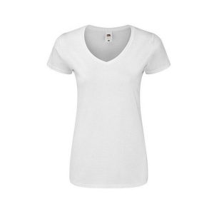 Koszulka Damska Iconic 140 Z Dekoltem V. Białe bluzki FRUIT OF THE LOOM, xl, bez wzorów, sportowe, bez kołnierzyka, bez ramiączek. Za 30,99 zł.