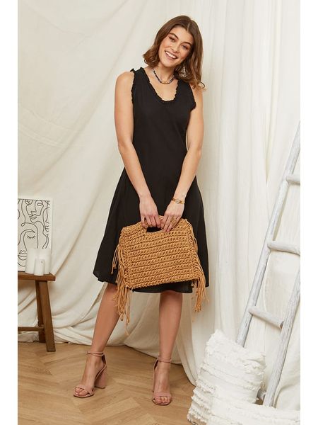 Rodier Lin Lniana sukienka w kolorze czarnym rozmiar: M/L. Czarne sukienki Rodier Lin, l, bez wzorów, ze lnu, bez kołnierzyka, bez ramiączek, midi. Za 148,26 zł.