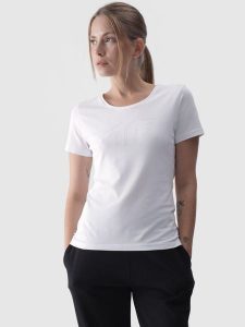 4F T-shirt slim z nadrukiem damski - biały XXL. Białe t-shirty 4f, xs, bez wzorów, z bawełny, bez kołnierzyka, bez ramiączek. Za 49,99 zł.