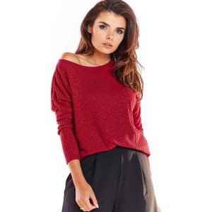 Bordowy Dzianinowy Sweter w Łódkę o Kroju Oversize. Czerwone swetry klasyczne Awama, l, z dzianiny, bez kołnierzyka. Za 169,90 zł.