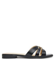 Guess Klapki FLJRLL LEA19 Czarny. Czarne klapki Guess, z aplikacjami, ze skóry, bez obcasa. Za 249,99 zł.