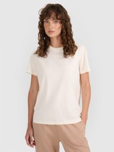 4F T-shirt regular gładki damski - beżowy M. Brązowe t-shirty 4f, m, bez wzorów, z bawełny, bez kołnierzyka, bez ramiączek. Za 49,99 zł.