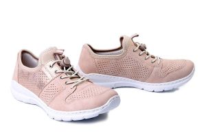 RIEKER L3254-32 pink, półbuty damskie. Czerwone półbuty Rieker, na lato, bez wzorów, bez obcasa, bez zapięcia. Za 339,90 zł.