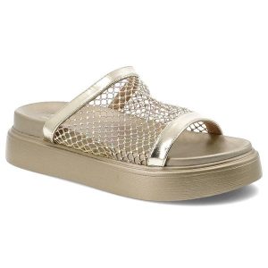 Klapki damskie S. Barski, na wysokiej platformie z siateczką eleganckie, złote, MY51-016. Żółte klapki S.BARSKI, bez wzorów, bez obcasa, na platformie. Za 119,00 zł.