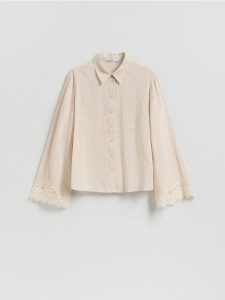 Koszula z modalem - kremowy. Białe koszule Reserved, l, bez wzorów, z tkaniny, bez kołnierzyka, bez ramiączek. Za 129,99 zł.