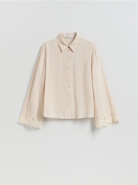 Koszula z modalem - kremowy. Białe koszule Reserved, l, bez wzorów, z tkaniny, bez kołnierzyka, bez ramiączek. Za 129,99 zł.