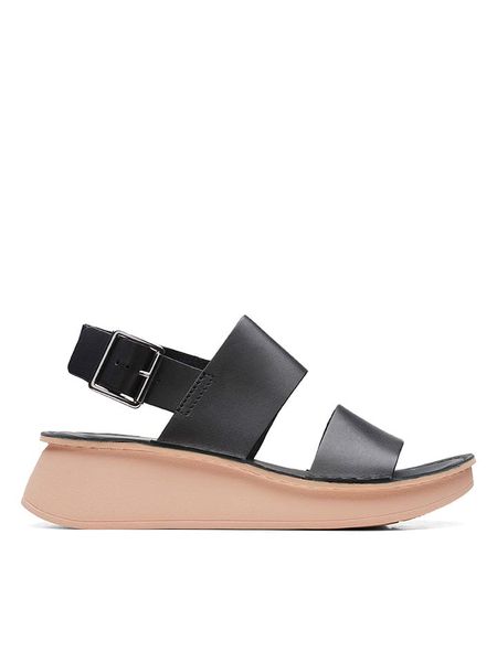 Clarks Skórzane sandały w kolorze czarnym na koturnie rozmiar: 37,5. Czarne sandały Clarks, bez wzorów, z otwartym noskiem, bez obcasa, na koturnie, bez zapięcia. Za 106,38 zł.