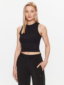 Guess Top Edie V3GP19 K8RT2 Czarny Slim Fit. Czarne topy Guess, xl, z aplikacjami, z wiskozy, bez kołnierzyka, bez ramiączek. Za 99,99 zł.