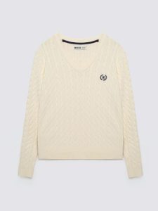 Sweter damski ze splotem warkoczowym z dekoltem v-neck biały Nisa 100. Białe swetry klasyczne Big Star, l, z bawełny, bez kołnierzyka. Za 199,99 zł.