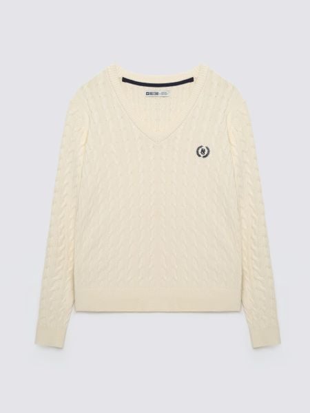 Sweter damski ze splotem warkoczowym z dekoltem v-neck biały Nisa 100. Białe swetry klasyczne Big Star, l, z bawełny, bez kołnierzyka. Za 199,99 zł.