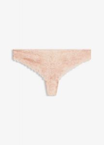 Stringi z eleganckiej koronki. Brązowe stringi bonprix, bez wzorów, z koronki. Za 44,99 zł.