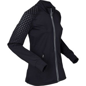 Bluza rozpinana termoaktywna z odblaskowym nadrukiem. Czarne bluzy bonprix, bez wzorów, z dresówki, bez kaptura. Za 144,99 zł.