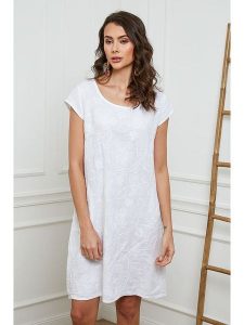 Fleur de Lin Lniana sukienka w kolorze białym rozmiar: XXL. Białe sukienki Fleur de Lin, na co dzień, xxl, bez wzorów, ze lnu, bez kołnierzyka, bez ramiączek, midi, proste. Za 145,26 zł.