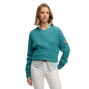 Damski sweter z warkoczowym splotem Superdry. Niebieskie swetry klasyczne Superdry, na zimę, ze splotem, bez kołnierzyka. Za 284,00 zł.