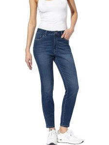 Heine Dżinsy - Slim fit - w kolorze granatowym rozmiar: 34. Niebieskie jeansy Heine, bez wzorów, z podwyższonym stanem. Za 65,85 zł.