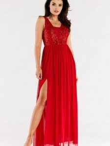 Sukienka Model A486 Red - awama. Czerwone sukienki Awama, na wesele, l, z aplikacjami, z elastanu, eleganckie, bez kołnierzyka, plus size, bez ramiączek, maxi. Za 610,80 zł.