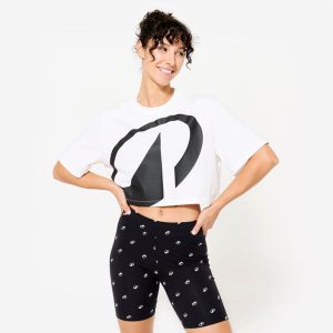 Koszulka z krótkim rękawem damska Domyos Gym & Pilates crop top. Białe bluzki DOMYOS, m, bez wzorów, z bawełny, sportowe, bez kołnierzyka, bez ramiączek. Za 49,99 zł.