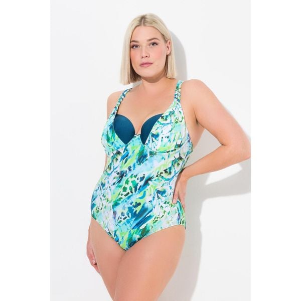 Damski Strój kąpielowy miękkie miseczki z fiszbinami regulowane ramiączka. Niebieskie stroje jednoczęściowe Ulla Popken, bez wzorów, z elastanu. W wyprzedaży za 223,99 zł.